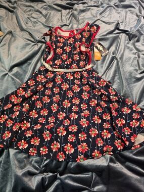 paper doll Navy Floral Fit-&-Flare Dress with Red Trim